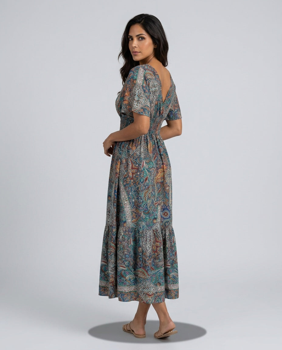 Comfortable women's effortless boho maxi dress, smocked waist, paisley print.