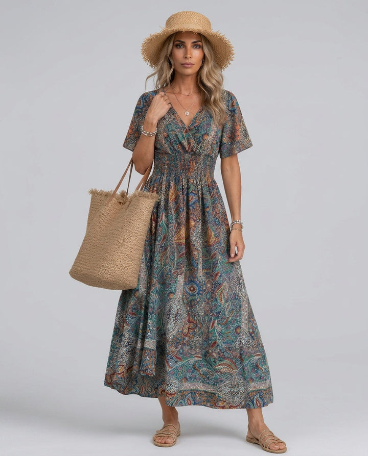 Women's V-neck maxi dress, tiered paisley skirt, smocked waist, boho style.