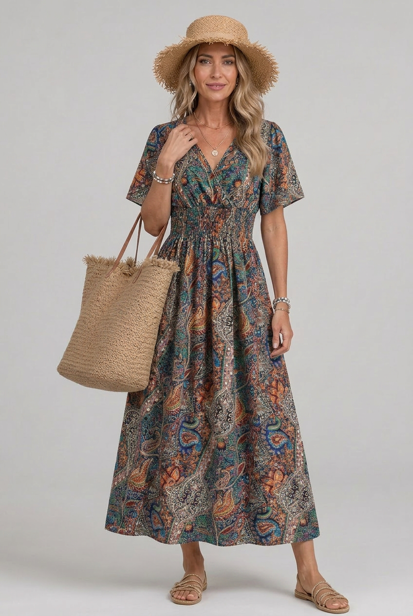 Women's vibrant paisley smocked boho maxi dress, elegant & flowy design.