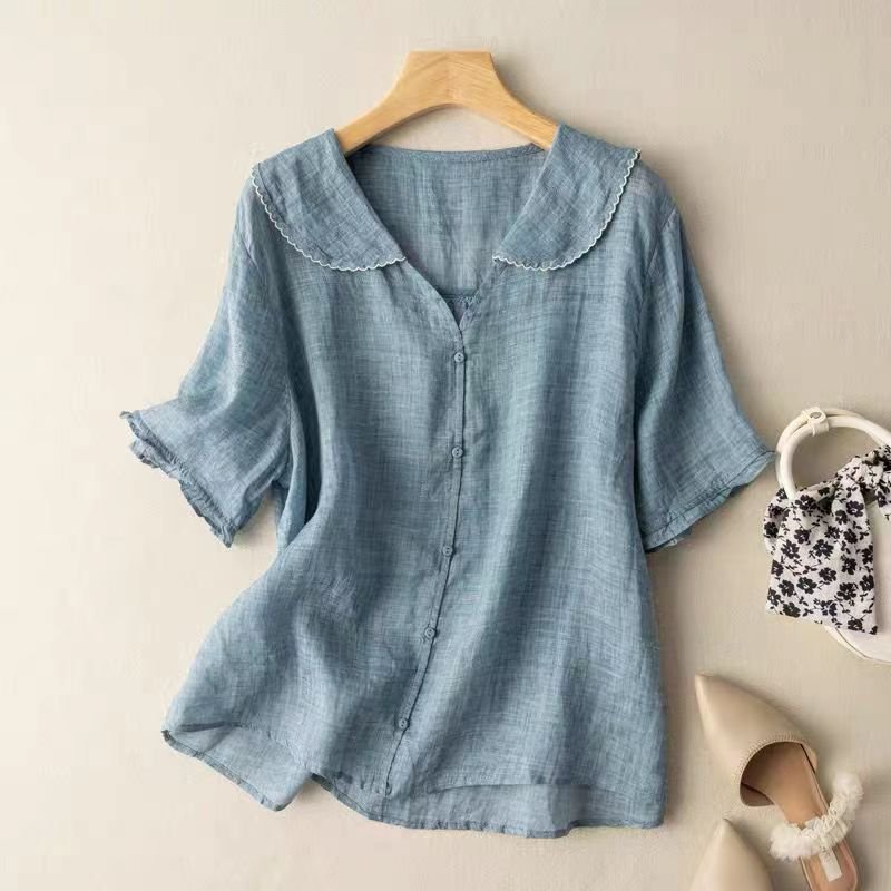 Elegant women's button-up blouse with unique scalloped collar. Versatile for office, casual, or spring/summer wear.