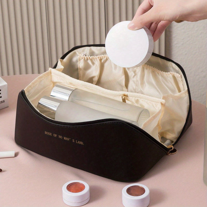 Portable cosmetic case for women, a sleek PU leather beauty pouch with secure zipper closure.