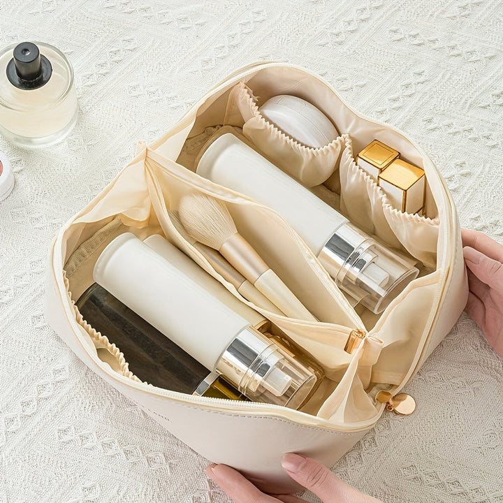 Zippered luxury travel toiletry bag, a portable PU leather beauty pouch for secure makeup storage.