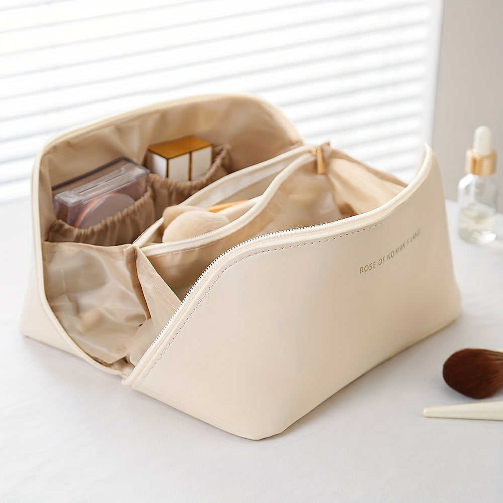 Durable and portable luxury cosmetic case, a water-resistant PU leather beauty pouch for travel.
