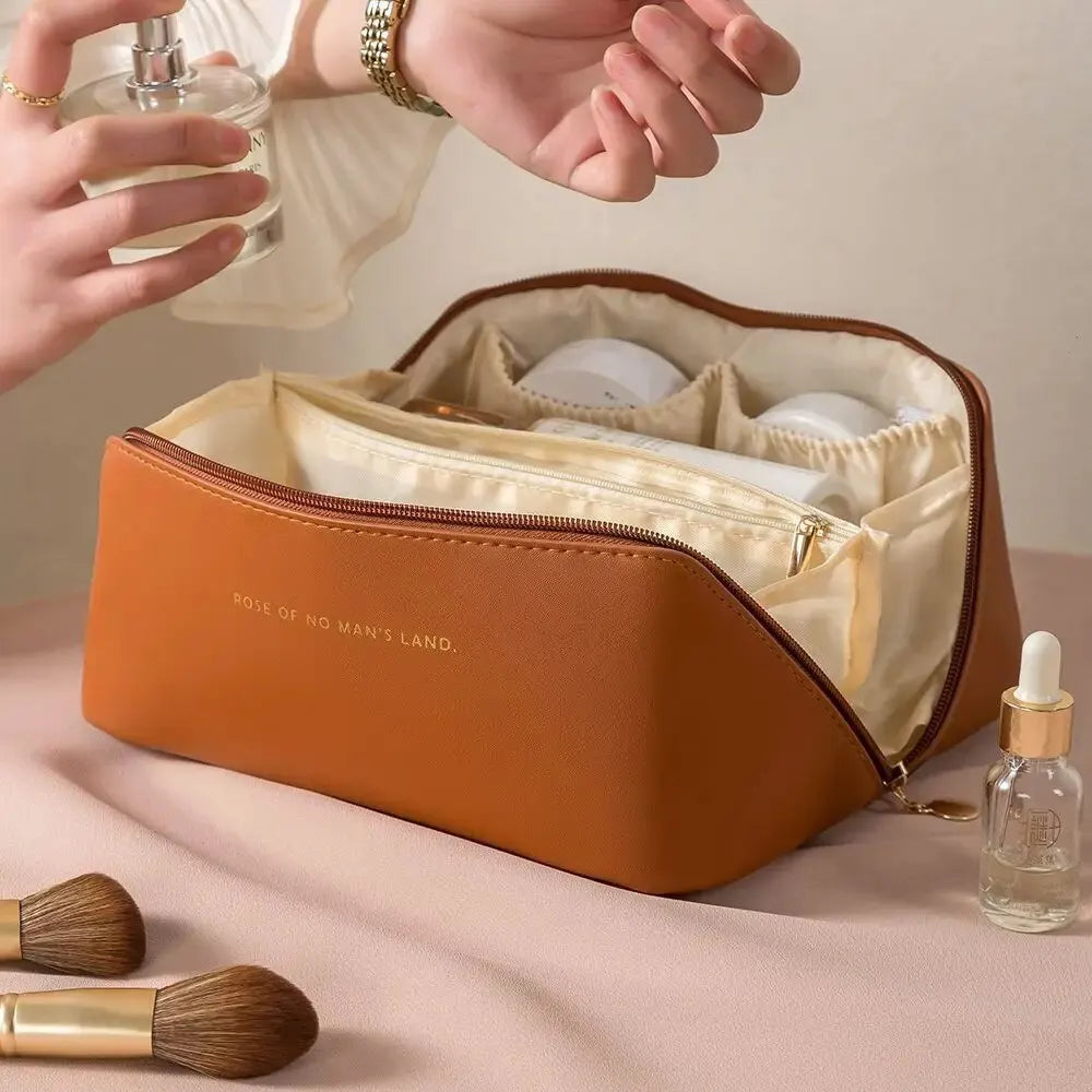 Elegant zippered travel makeup organizer for women. Luxury cosmetic toiletry storage.