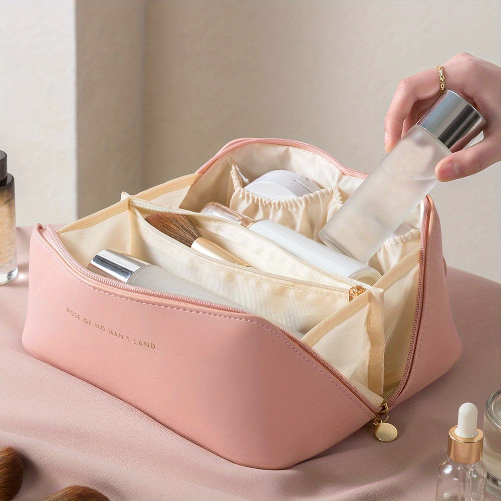 Versatile women's travel toiletry bag. Zippered makeup organizer for easy storage.