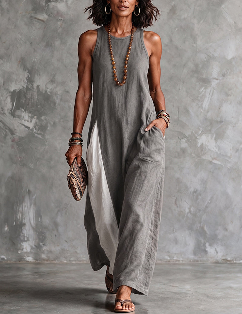 Classic Women's Color Block Sleeveless Maxi Dress, perfect for summer casual wear.