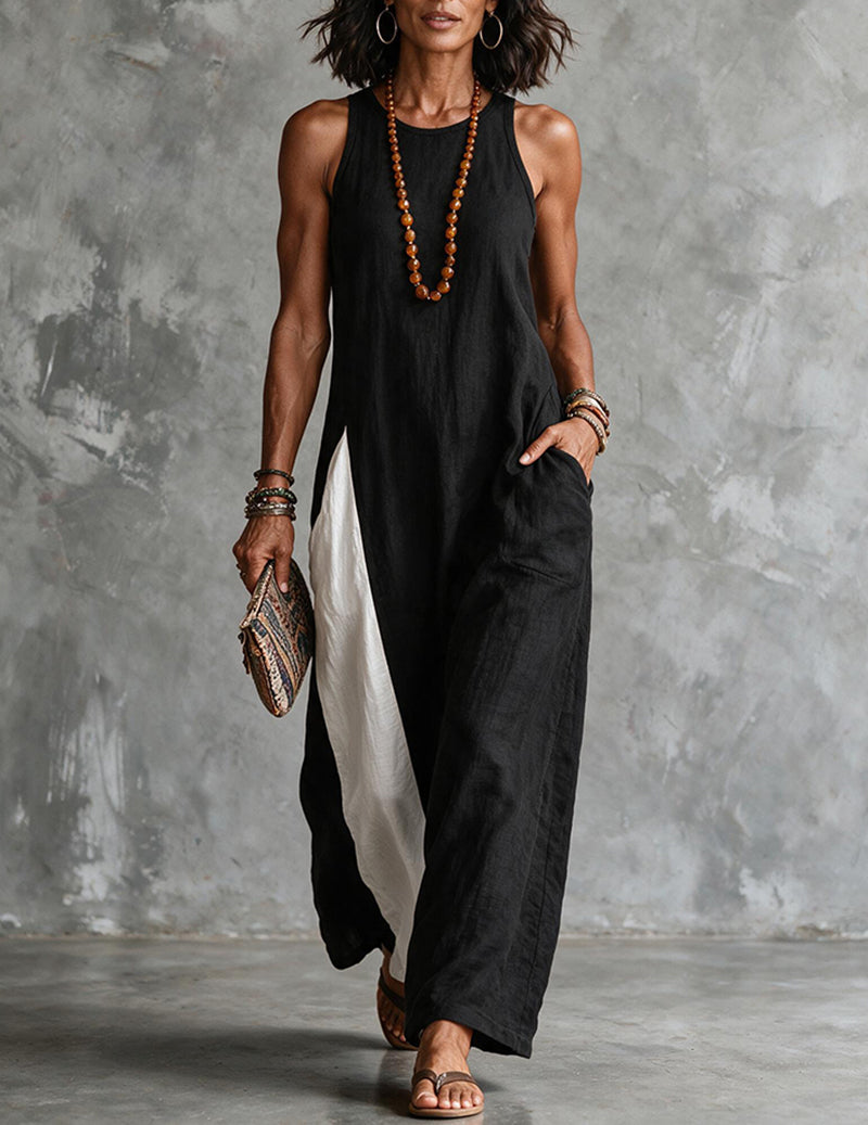 Loose fit racerback maxi dress for women, featuring a stylish color block design.