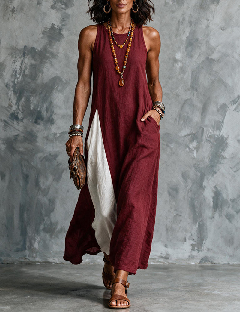 Elegant women's sleeveless color block maxi dress, ideal for resort and vacation.