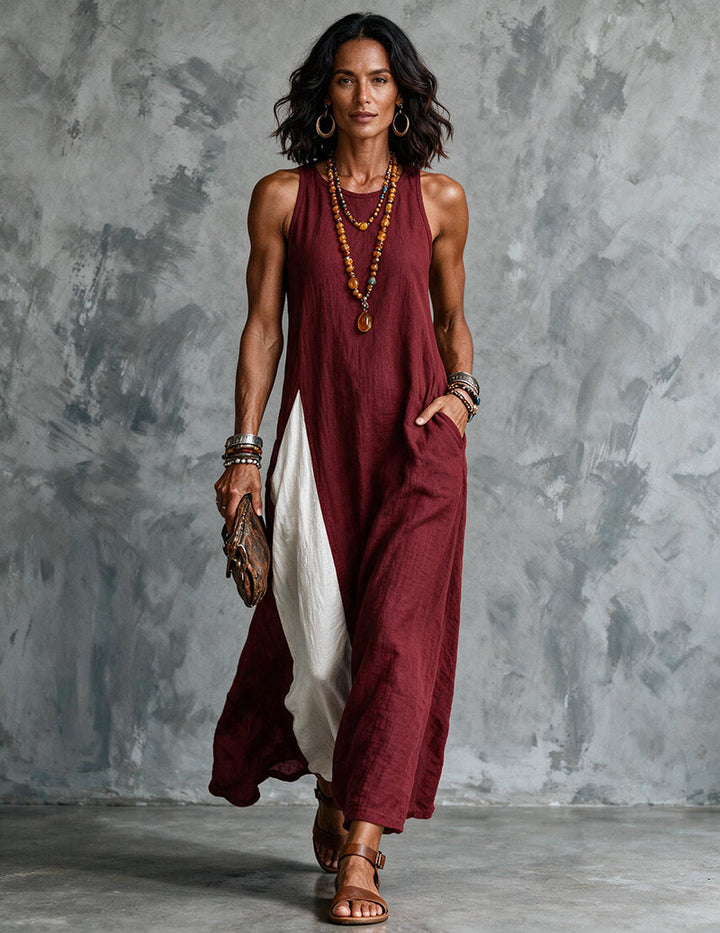 Summer-ready color block maxi dress with a comfortable, loose fit & sleeveless cut.