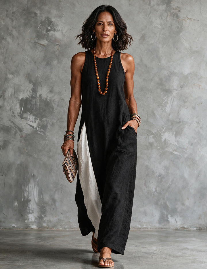 Casual women's color block maxi dress, designed with a chic racerback and flowing silhouette.