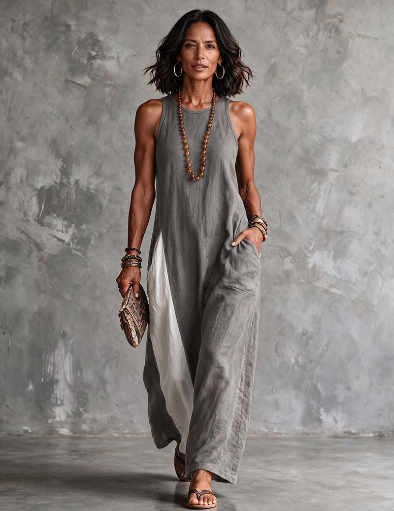 Vacation-ready women's sleeveless maxi dress, showcasing a vibrant color block pattern.
