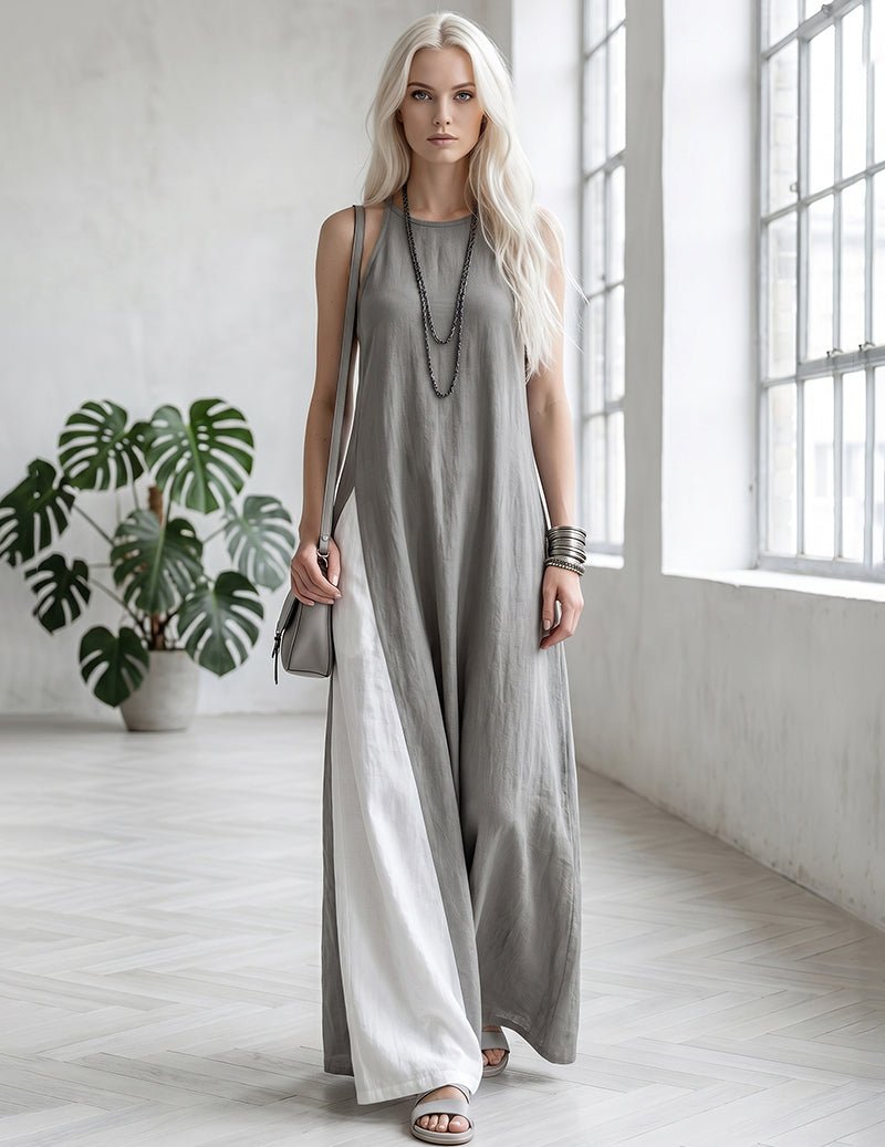 Racerback sleeveless maxi dress for women, featuring a trendy color block and loose fit.