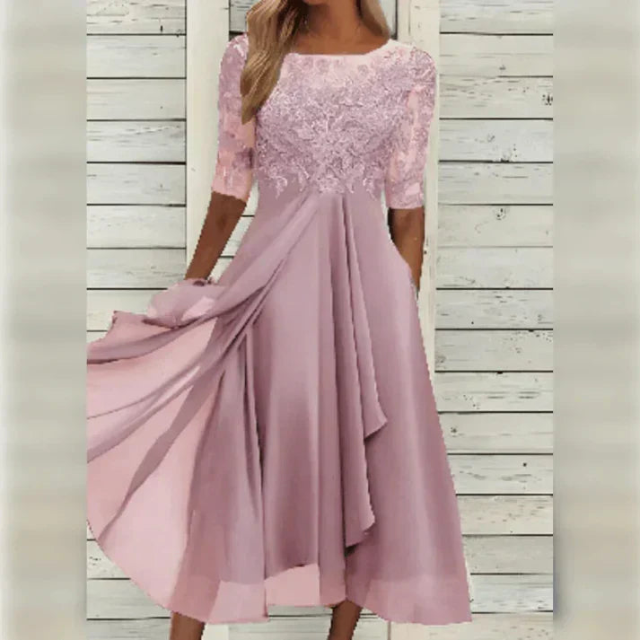 Women's formal tea length midi dress with elegant round neck & elbow sleeves. Perfect for special occasion parties.