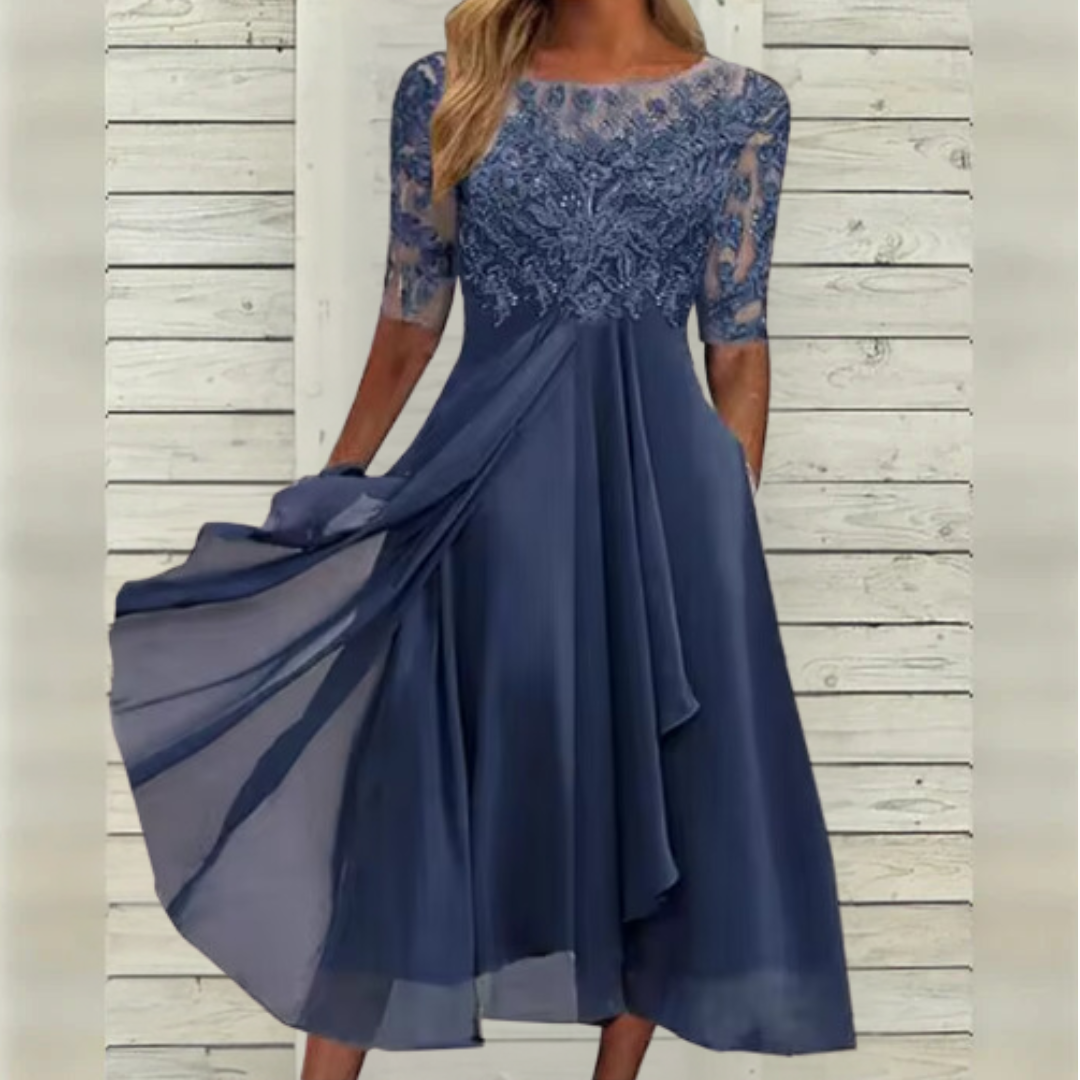 Formal women's elegant tea-length cocktail dress. Sophisticated midi dress for wedding guests & special occasions.
