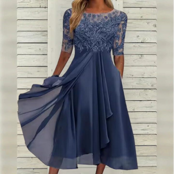 Formal women's elegant tea-length cocktail dress. Sophisticated midi dress for wedding guests & special occasions.