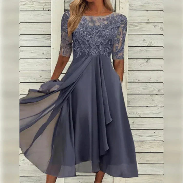 Beautiful women's tea-length cocktail dress. An elegant party & formal occasion midi dress, ideal for wedding guests.