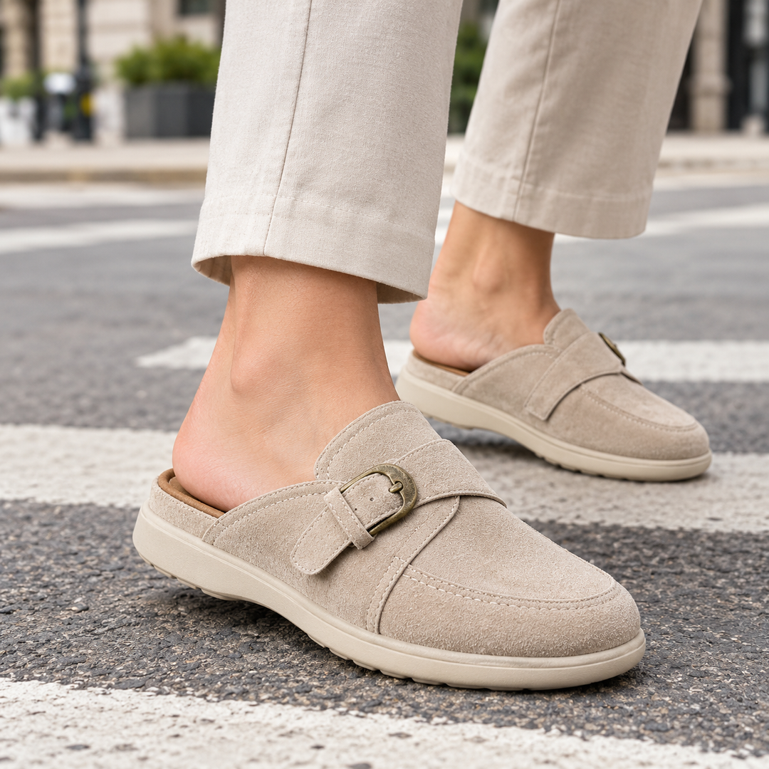 Men's sophisticated apricot buckle backless loafer clogs, elegant slip-on footwear for casual everyday wear.
