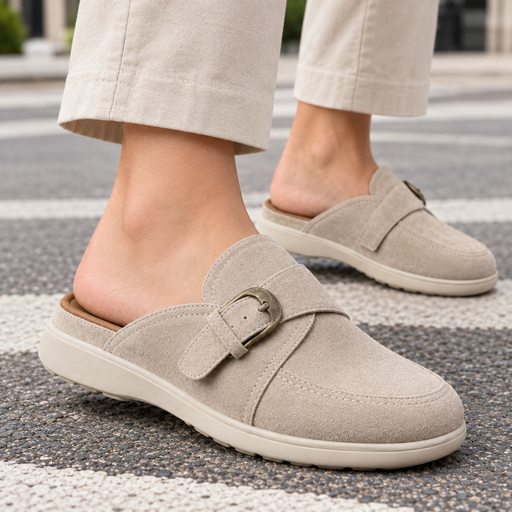 Apricot men's backless loafer clogs with buckle detail. Sophisticated slip-on footwear for elegant casual style.