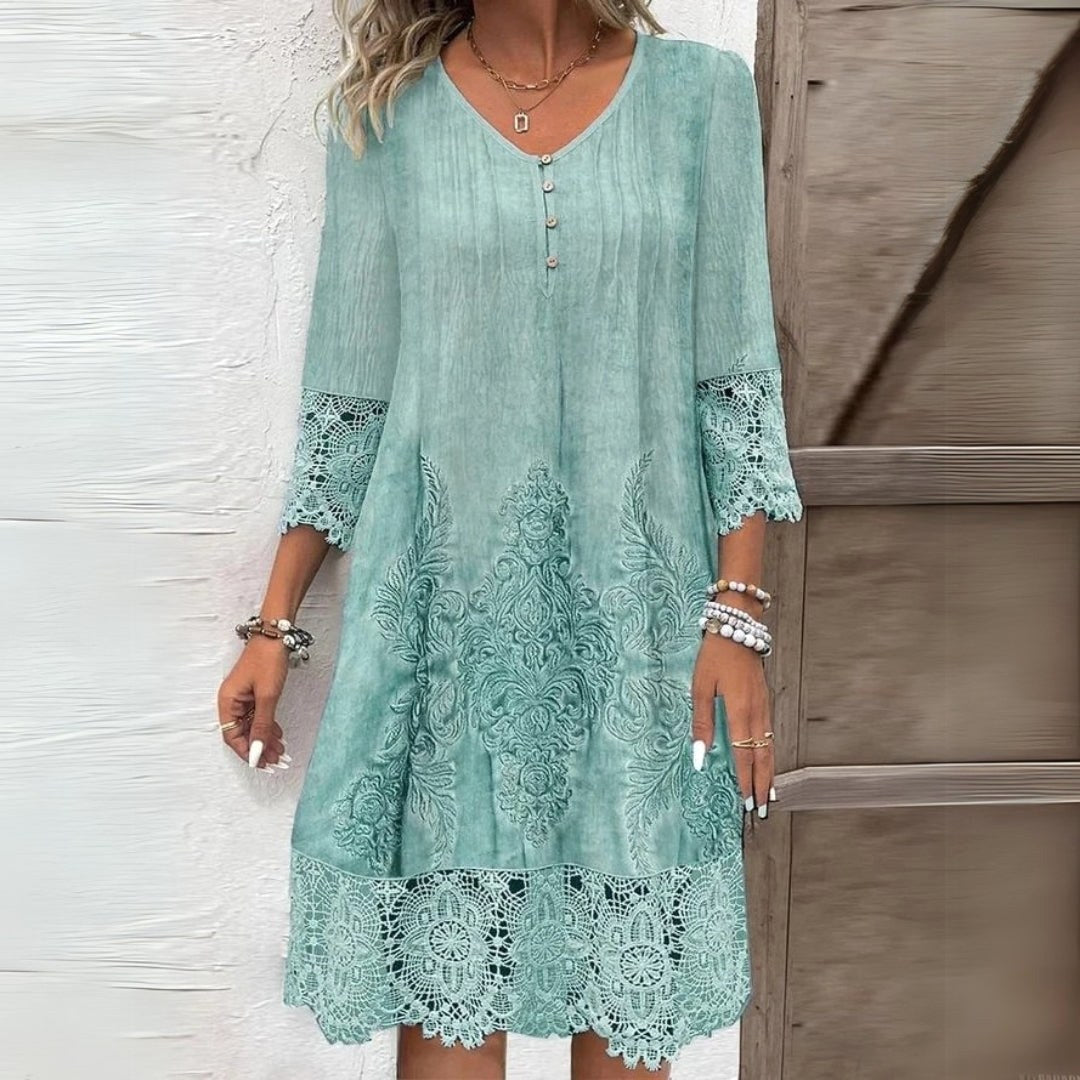Flattering women's floral midi dress. Ideal for summer parties & elegant day or evening wear. Available in blue, green, khaki.