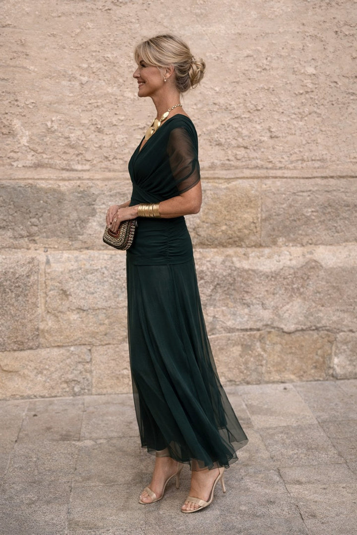 Flowy V-neck wrap maxi dress for women, ideal for elegant summer evenings.