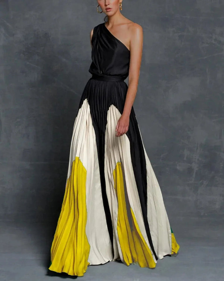Elegant women's maxi dress with unique statement shoulder detail, perfect for evening or special occasions.