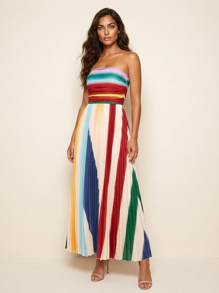 Women's colorful pleated flowing maxi dress, perfect for elegant summer parties & versatile occasion wear.