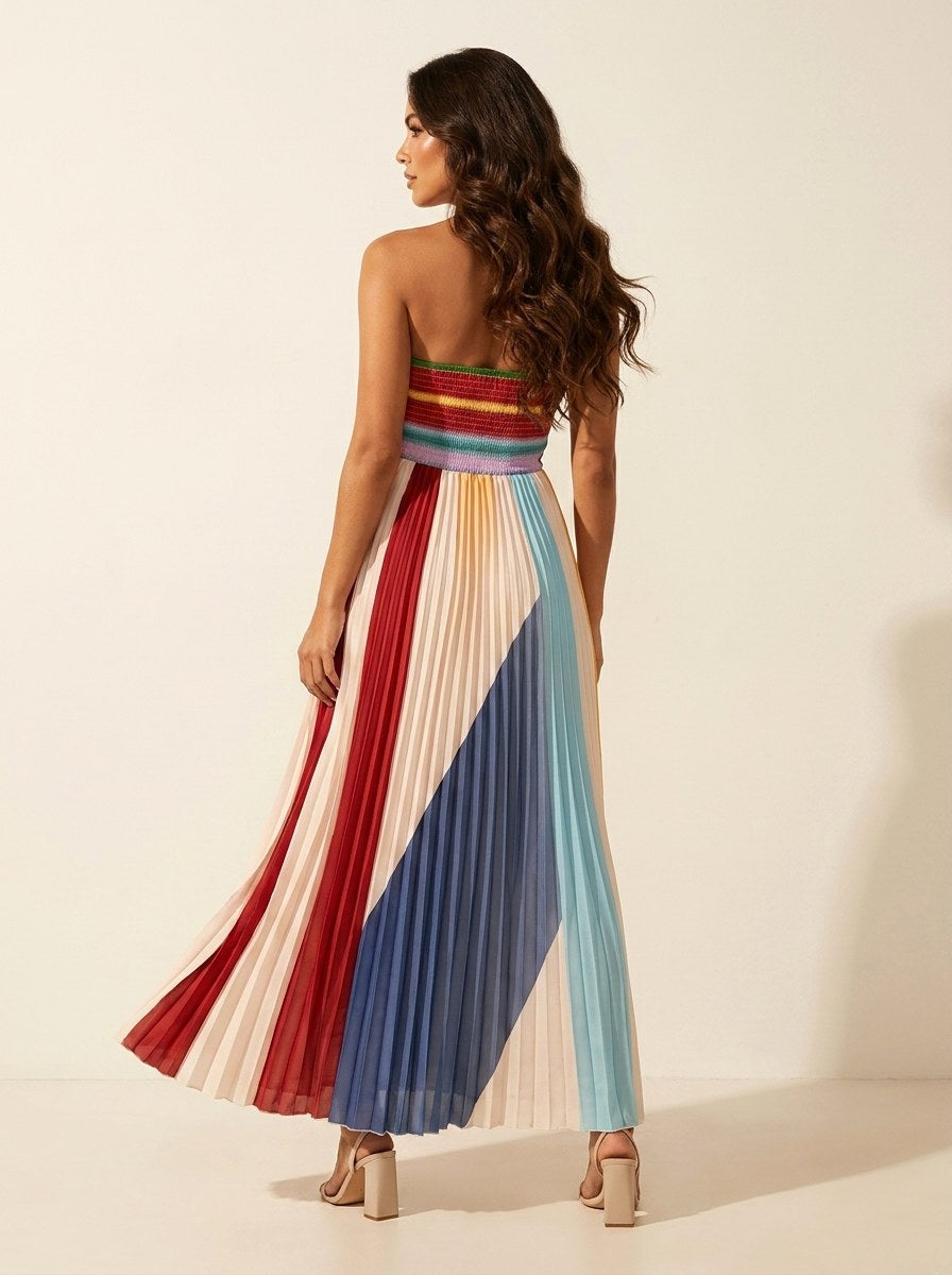 Stylish colorful pleated maxi dress for women, with a flowing silhouette, perfect for summer elegance & parties.