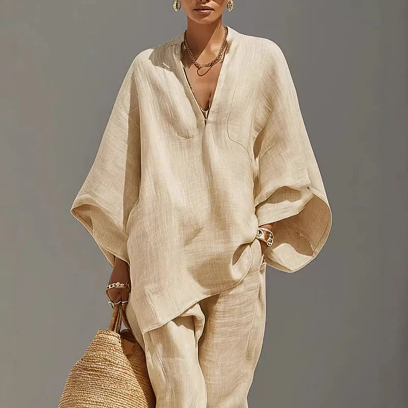 Marlena | Women's Batwing Sleeve Two Piece Set - Beige - Image 1