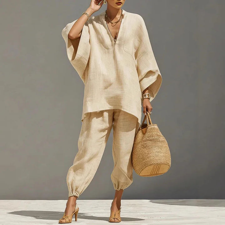 Marlena | Women's Batwing Sleeve Two Piece Set - Beige - Image 3