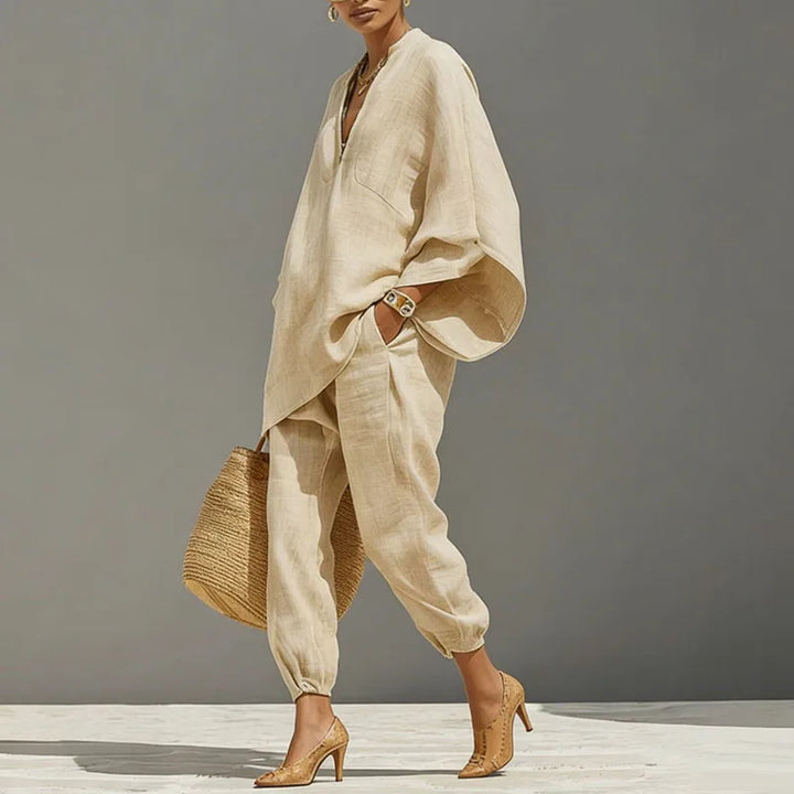 Marlena | Women's Batwing Sleeve Two Piece Set - Beige - Image 4