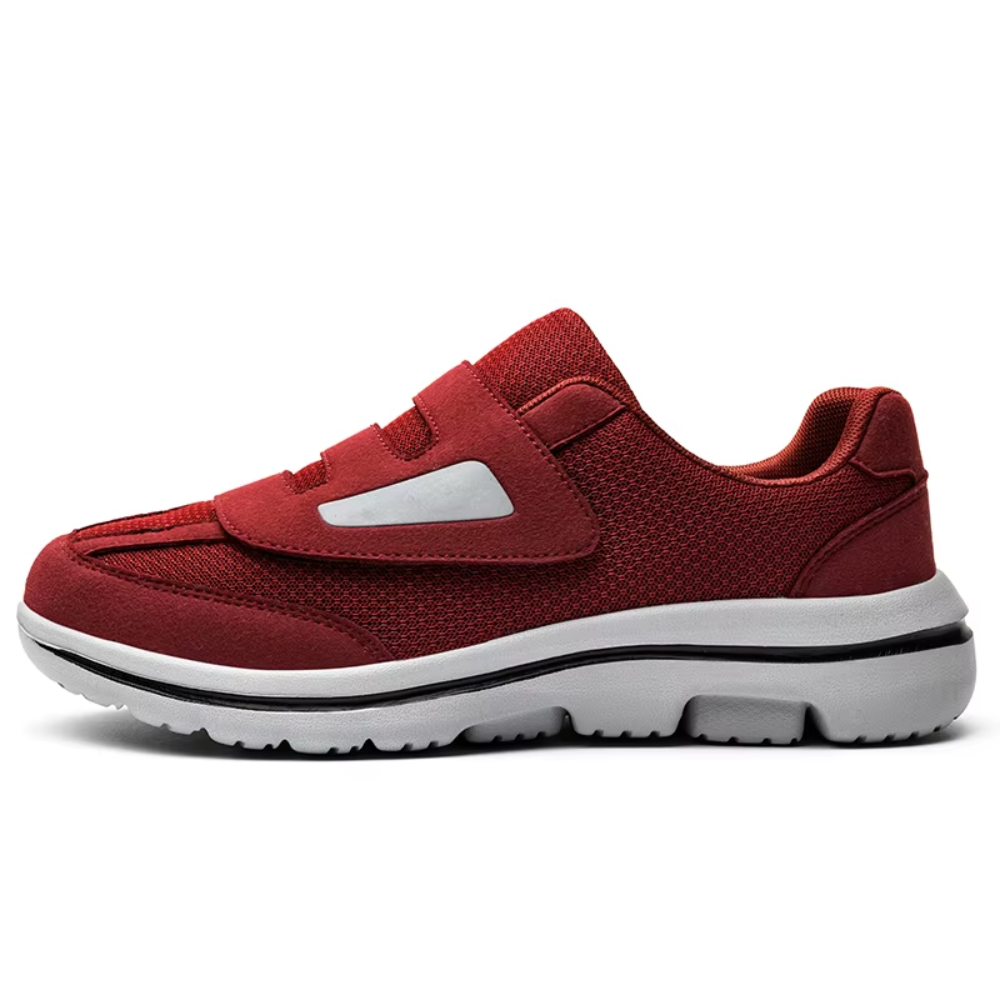 Side view of men's wide fit orthopedic shoes, adjustable straps, supportive cushioned sole for walking comfort.