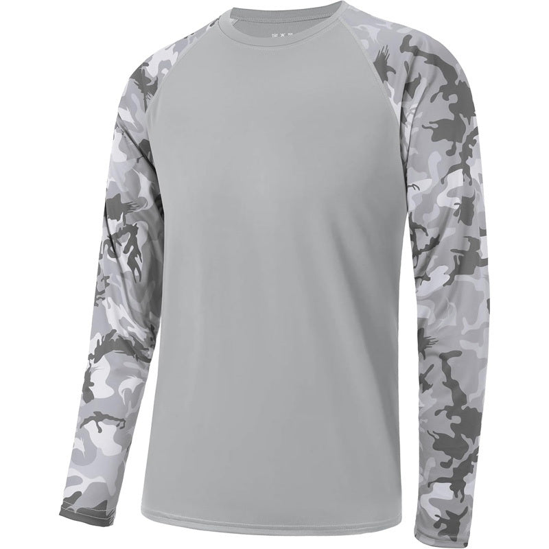 Men's quick-dry UPF 50+ camo fishing shirt. Long sleeve for sun protection, ideal for outdoor fishing & hiking.