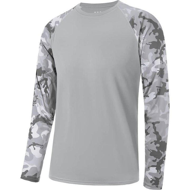 Men's quick-dry UPF 50+ camo fishing shirt. Long sleeve for sun protection, ideal for outdoor fishing & hiking.