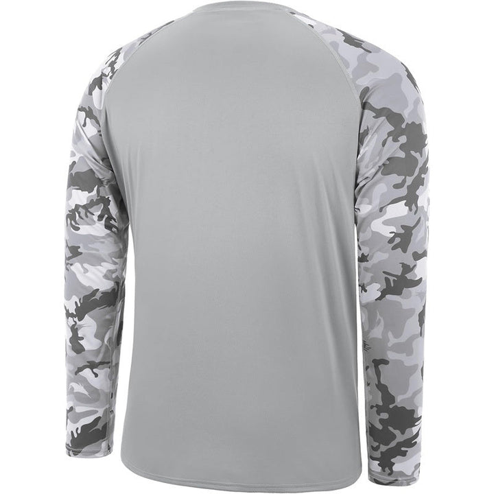 Camo raglan men's fishing shirt with UPF 50+ sun protection. Quick-dry, long sleeve outdoor wear for active men.