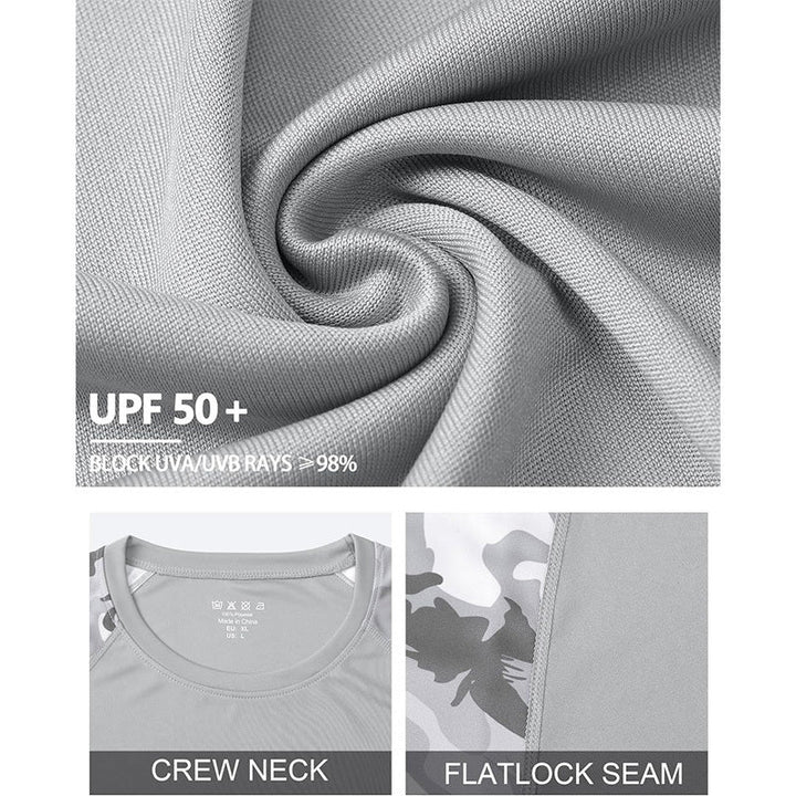 Men's long sleeve quick-dry camo fishing shirt. UPF 50+ sun protection for hiking, fishing, and outdoor adventure.