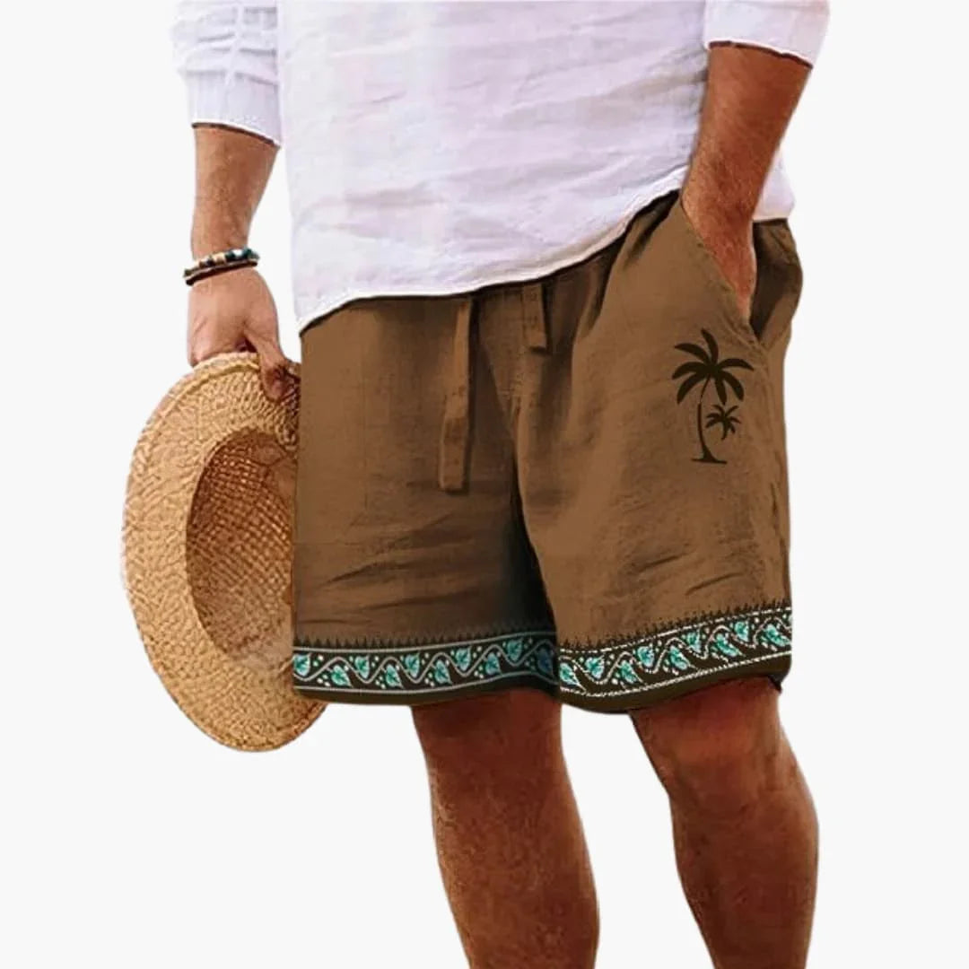 Men's sophisticated palm print drawstring swimming shorts for stylish beachwear & tropical summer fashion.