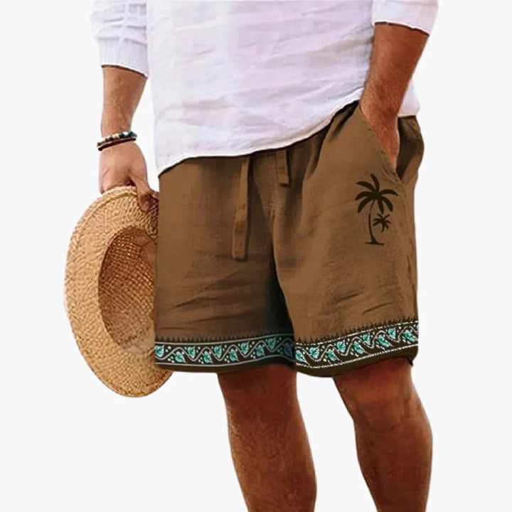 Men's sophisticated palm print drawstring swimming shorts for stylish beachwear & tropical summer fashion.