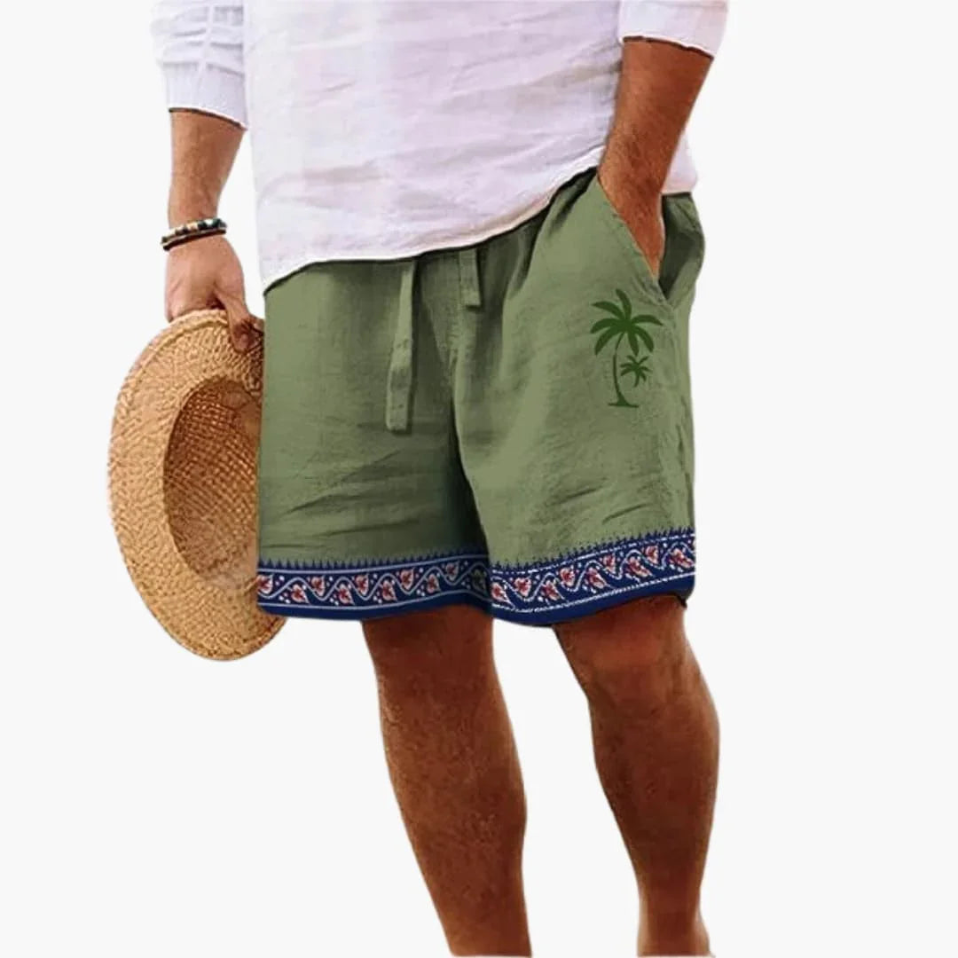 Tropical palm print men's swimming shorts with drawstring, perfect for resort wear, beach, or casual summer comfort.