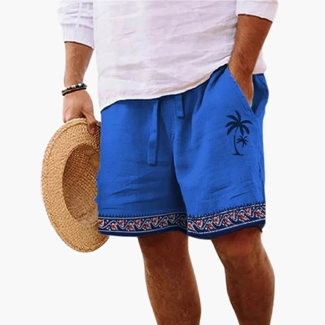 Stylish men's palm print swim shorts, drawstring waist, ideal for beach, pool, or sophisticated tropical resort fashion.