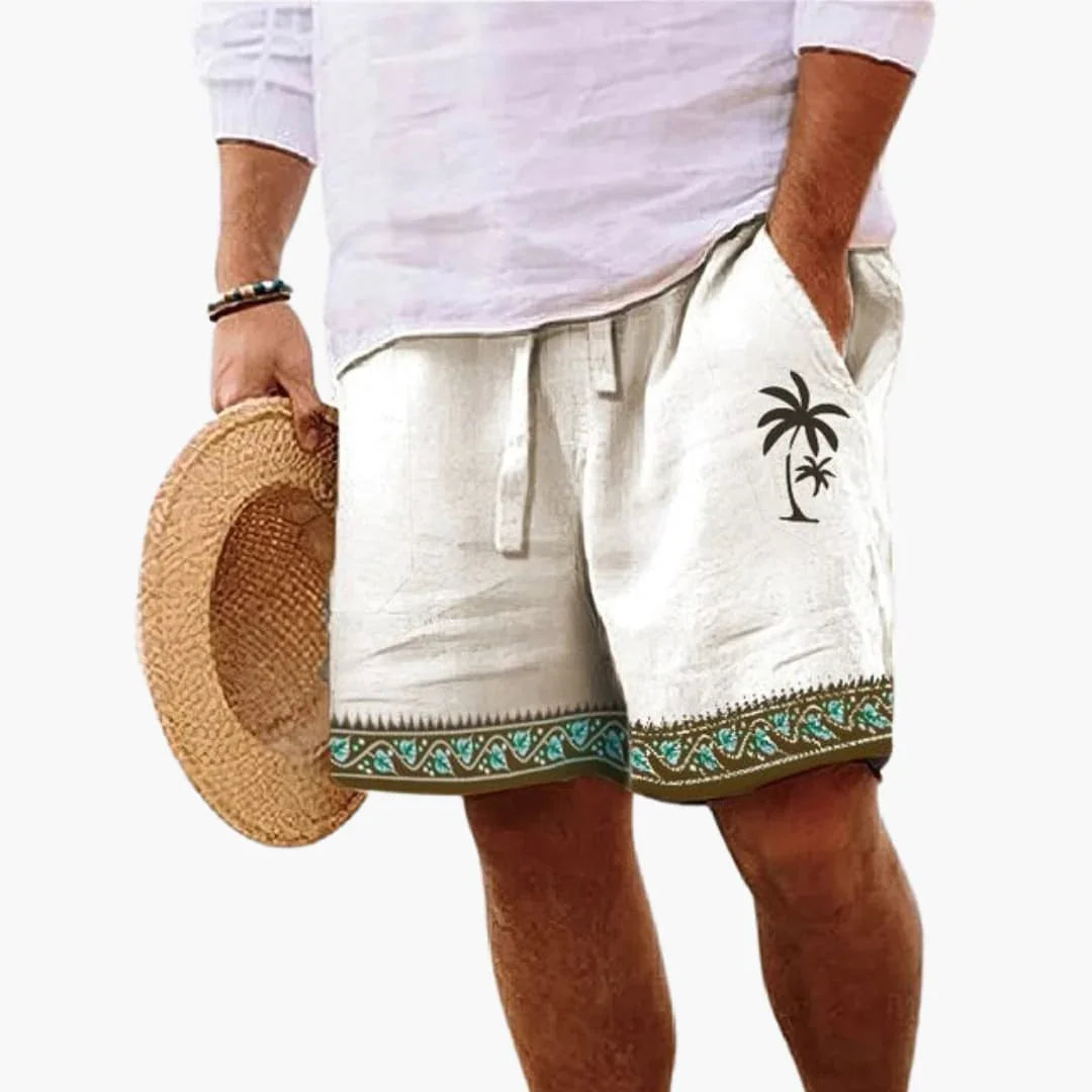 Comfort fit men's tropical palm print swimming shorts with drawstring. Modern beach & summer fashion essential.