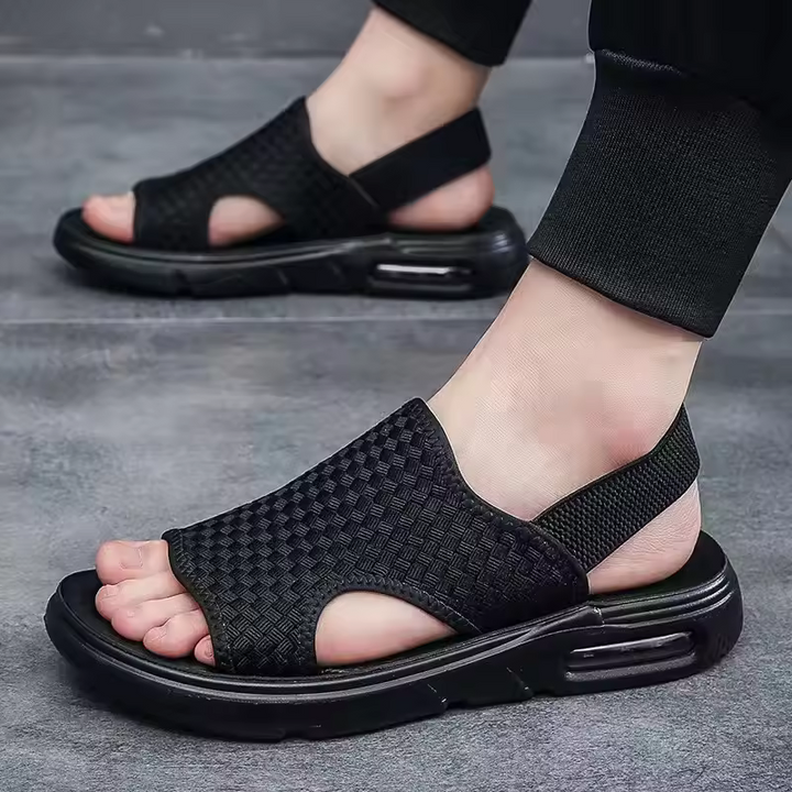 Stylish men's walking sandals with a woven design, adjustable strap, open toe, ideal for summer comfort & foot relief.