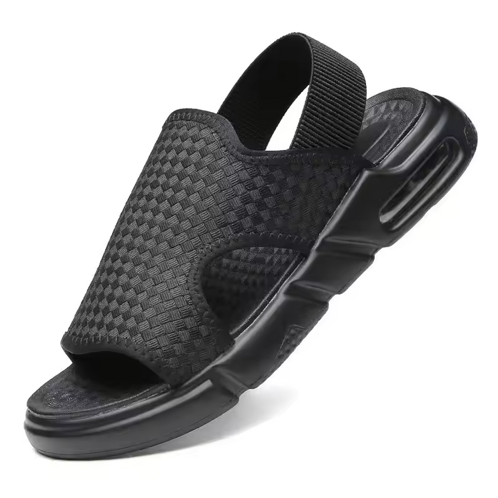 Comfortable men's casual sandals featuring a woven pattern, orthopedic arch support, and adjustable strap for fit.