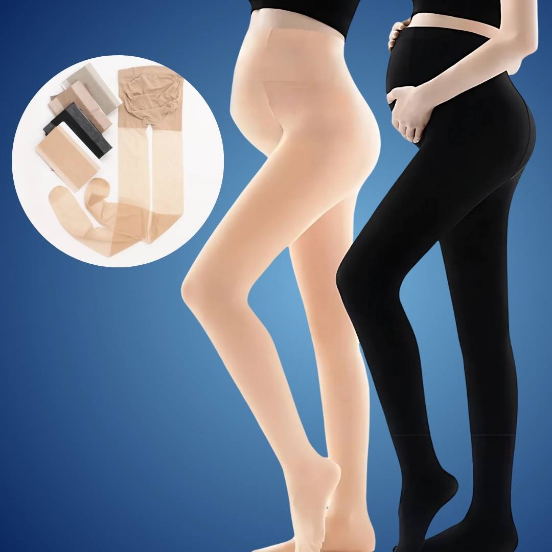 Soft maternity compression tights providing gentle support for swelling relief and improved circulation in pregnancy.