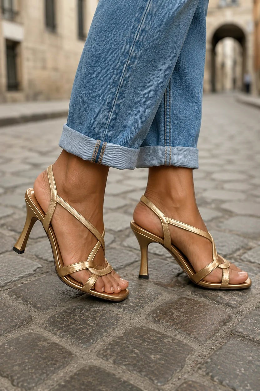 Women's chic beige metallic cross-strap heeled sandals, elegant party shoes with a stylish square toe.
