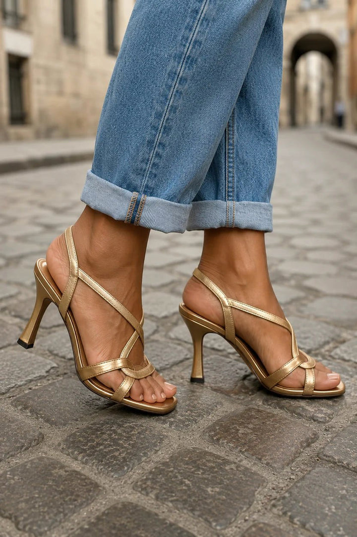Women's chic beige metallic cross-strap heeled sandals, elegant party shoes with a stylish square toe.