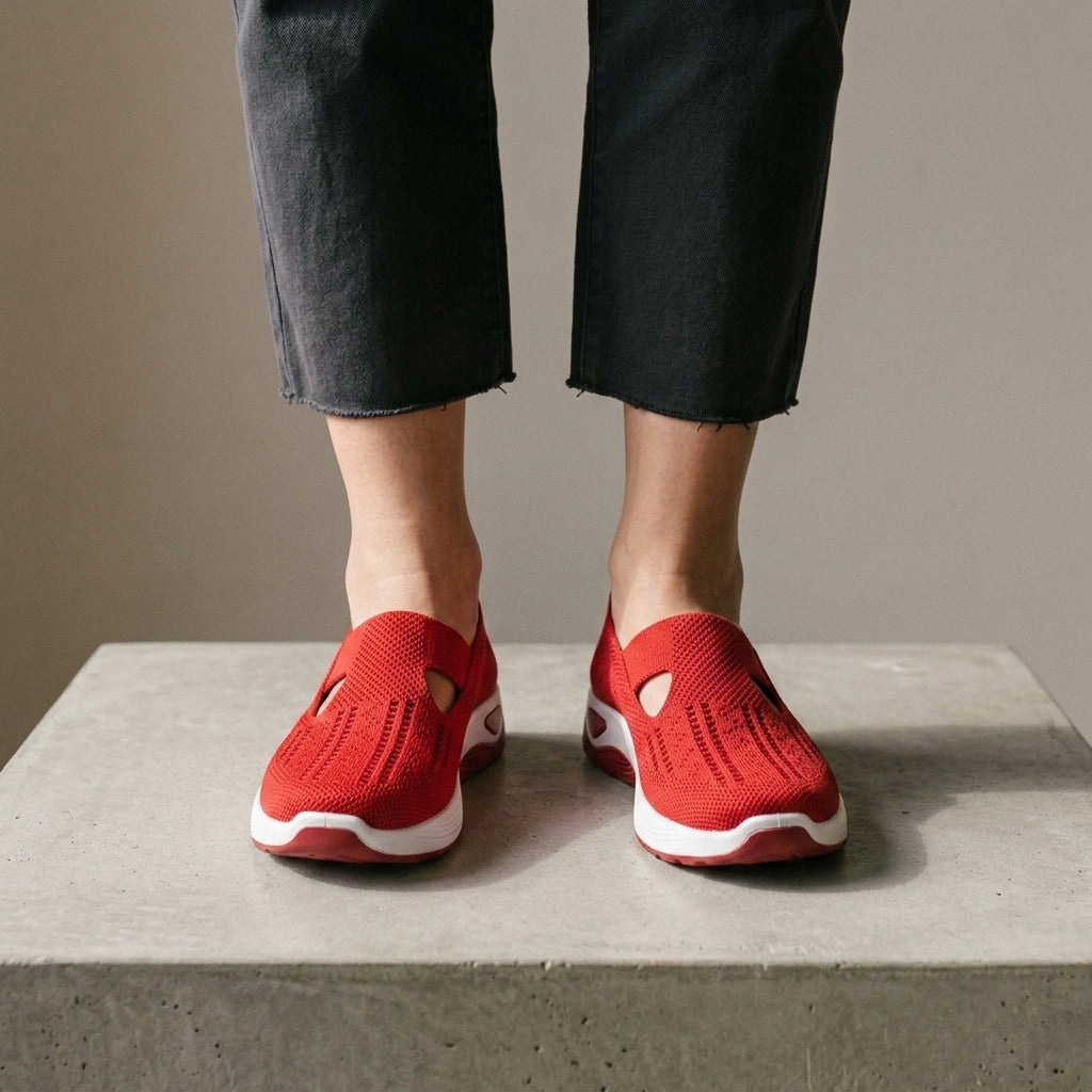 Women's red slip-on orthopedic shoes feature premium cushioned support for ultimate walking comfort.