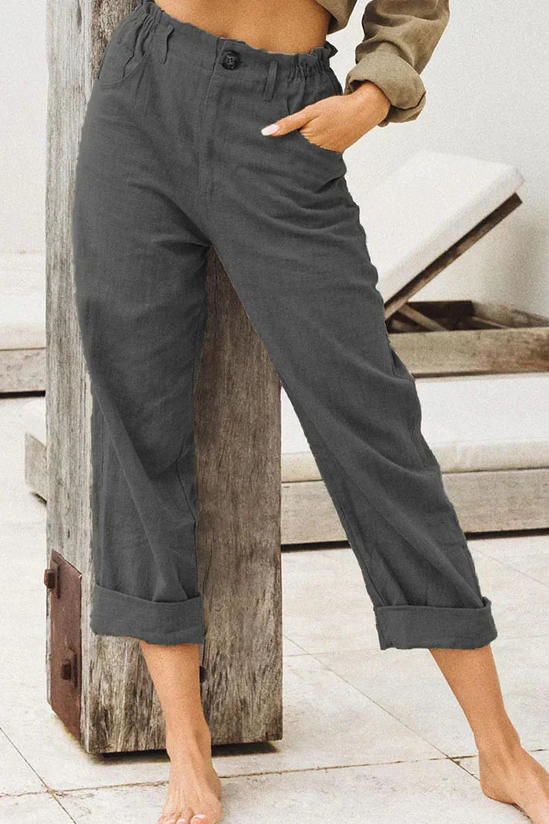 Comfortable women's high waist linen wide leg pants with cuffed hem, perfect for casual summer travel.