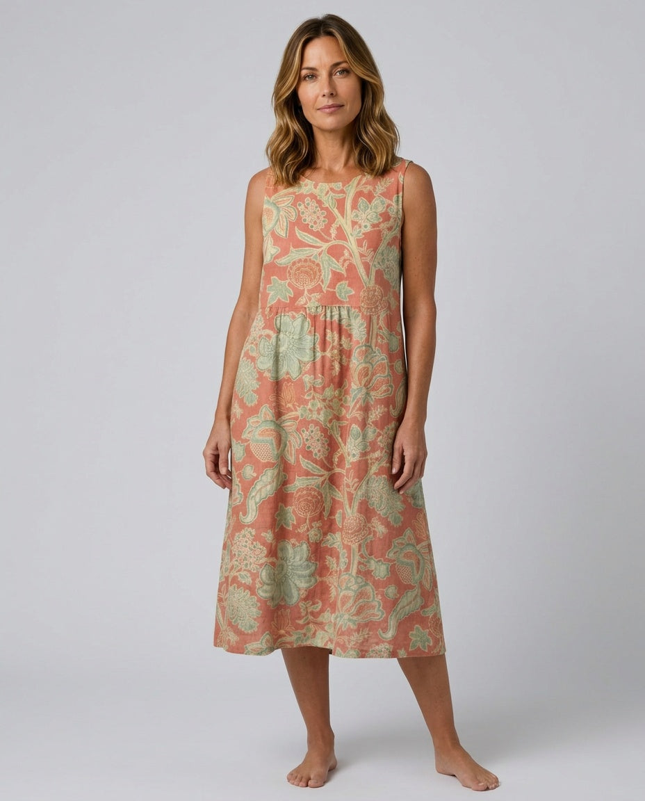 Red floral print sleeveless midi dress for women, perfect for summer casual elegance. Features round neck, gathered waist.