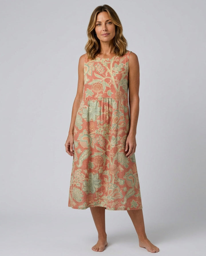 Red floral print sleeveless midi dress for women, perfect for summer casual elegance. Features round neck, gathered waist.