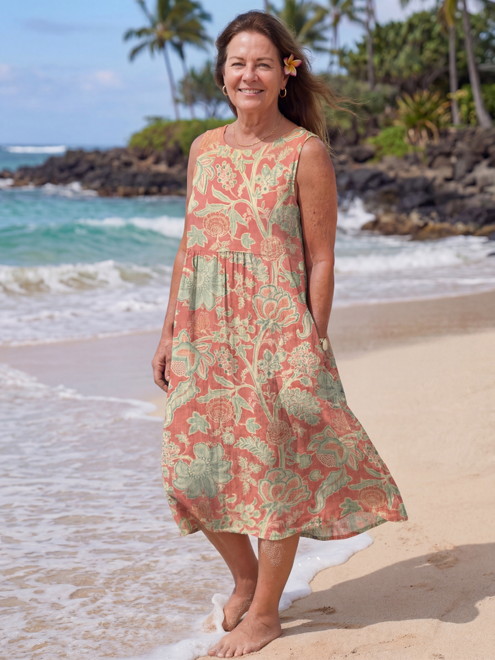 Elegant women's red floral print sleeveless midi dress. A comfortable & casual summer dress with a flattering gathered waist.